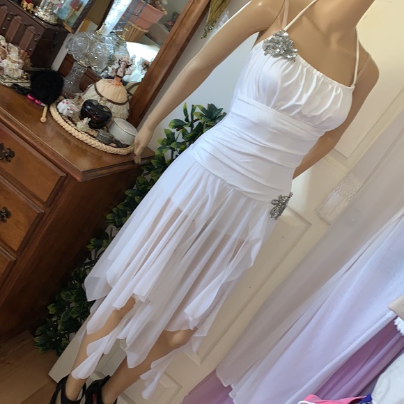 White spandex BALLET DANCE romper sheer shark bite hankie hem fairy costume S - Picture 12 of 17